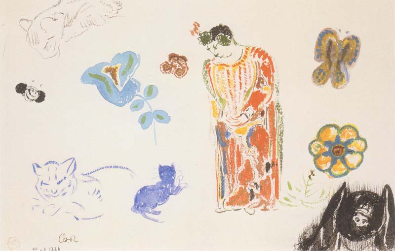 Study of Papillions, Cats, Flowers and Woman, Odilon Redon