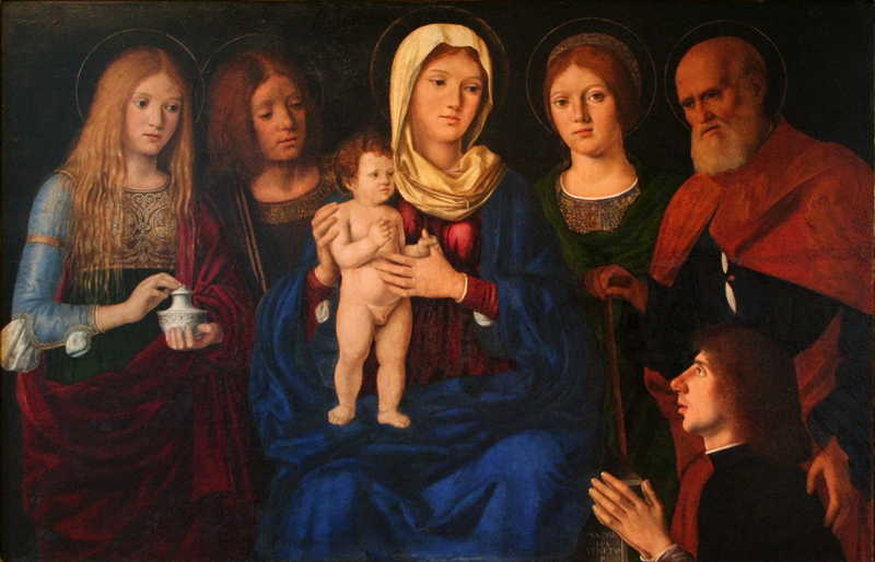 The Virgin and Child with SS. Mary Magdalene, John the Evangelist, Joseph (?), an unidentified Saint and the Donor .  Pasqualino Veneto /  Pasqualino Veneziano