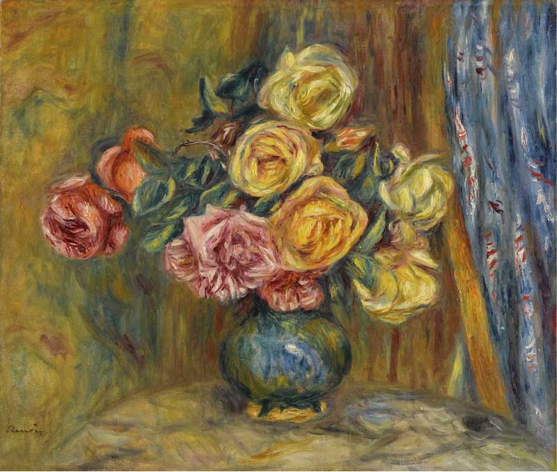Roses with Blue Curtain. Pierre-Auguste Renoir
