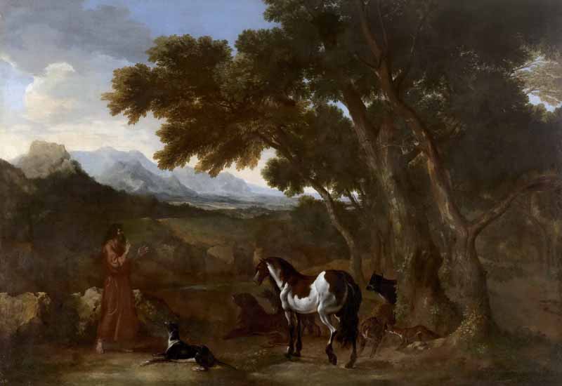 Landscape with hermit preaching to animals, Gaspard Dughet