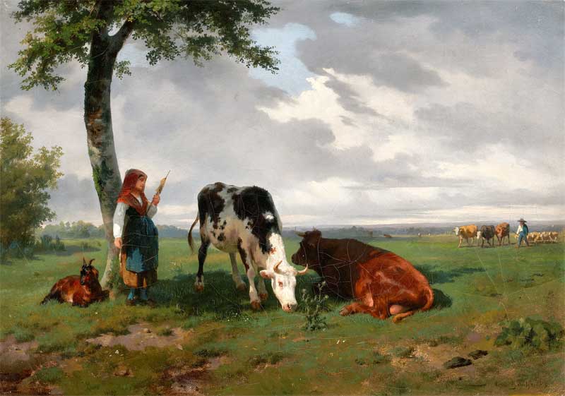 A shepherdess with a goat and two cows in a meadow. Rosa Bonheur