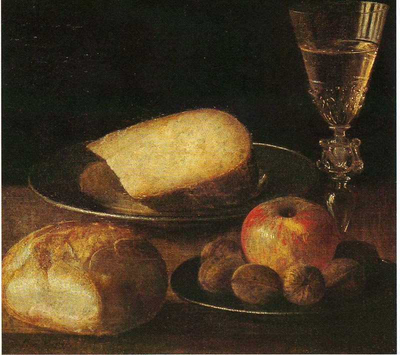 Still life with fruit, cheese and bread. Sebastian Stoskopff