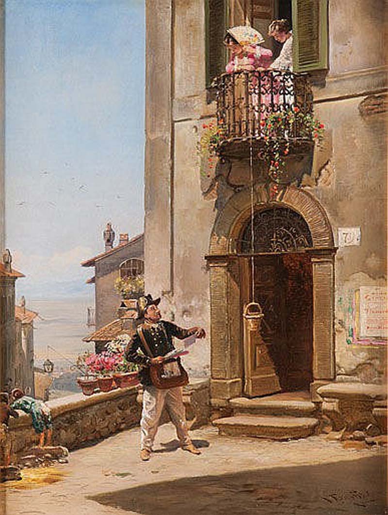 Two Italian girls on a balcony lowering a basket for the postman. Vilhelm Rosenstand