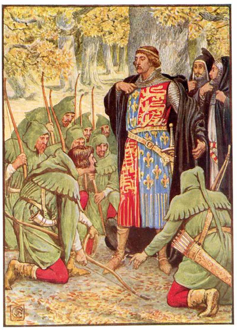 Robin Hood and his men kneel to the King. Walter Crane