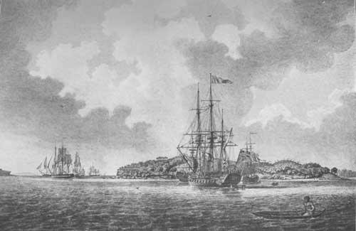 A VIEW OF BOTANY BAY. From an engraving from a drawing by R. Cleveley, in "The Voyage of Governor Phillip to Botany Bay" [London, 1789].