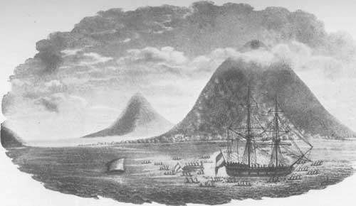 ENGAGEMENT BETWEEN THE CREW OF THE WAAKSAMHEYD TRANSPORT AND THE NATIVES OF AN ISLAND NEAR MINDANAO. CAPTAIN HUNTER, R.N. From the "Naval Chronicle" for 1801. To face p. 102.