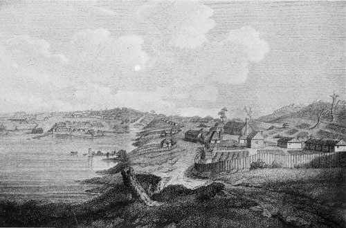 A DIRECT SOUTH VIEW OF THE TOWN OF SYDNEY. F. Heath sculpt. Taken from the brow of the hill leading to the Flagstaff. From Collins' "An Account of the English Colony in New South Wales" [London, 1798. To face p. 208.