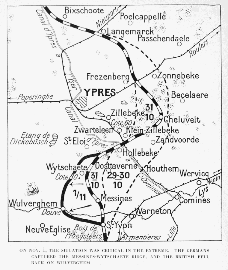 ON NOV. 1, THE SITUATION WAS CRITICAL IN THE EXTREME. THE GERMANS CAPTURED THE MESSINES-WYTSCHAETE RIDGE, AND THE BRITISH FELL BACK ON WULVERGHEM
