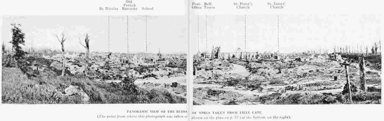 PANORAMIC VIEW OF THE RUIN OF YPRES TAKEN FROM THE LILLE GATE (The point from where this photograph was taken is shown on the plan on p. 72 (at the bottom, on the right).) St. Nicolas Old French Barracks School Belltower St. Peters Church St. James' Church