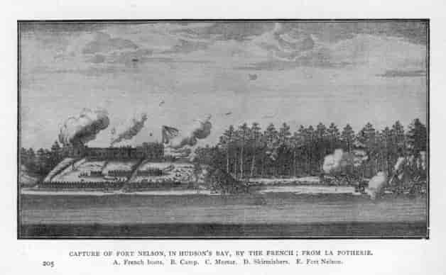 Capture of Fort Nelson, in Hudson's Bay, by the French; from La Potherie. A. French boats. B. Camp. C. Mortar. D. Skirmishers. E. Fort Nelson.