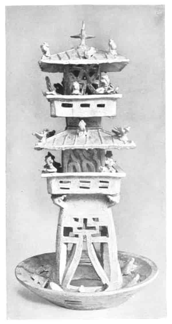 Two little Chinese cottages depicted on top of each other with tiny characters, steeped on a saucer base