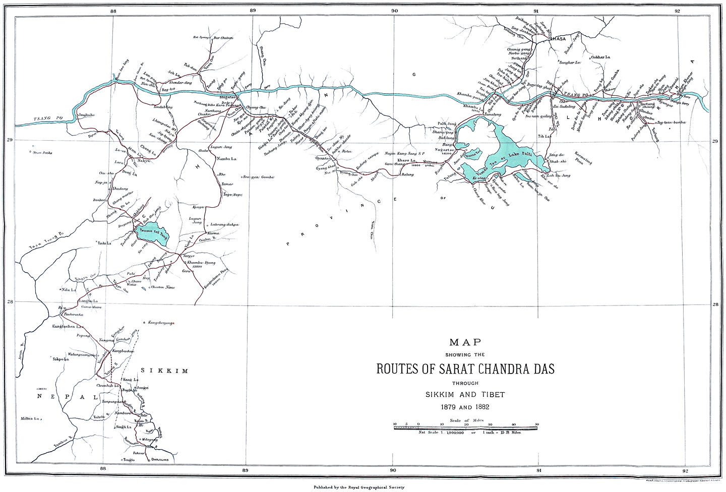 MAP SHOWING THE ROUTES OF SARAT CHANDRA DAS THROUGH SIKKIM AND TIBET 1879 AND 1882
