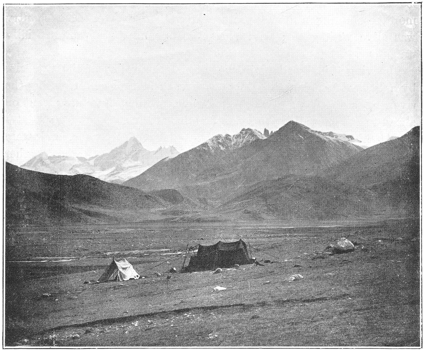 KHAMBA DJONGPON’S ENCAMPMENT ON A MORAINE BEYOND KANGCHAN JANG MOUNTAIN.