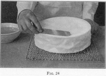 [Illustration: FIG. 24, Smoothing surface of icing with knife.]