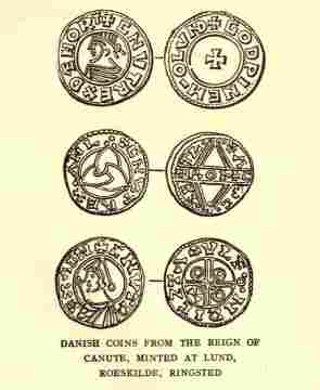 Danish coins from the reign of Canute, minted at Lund, Roeskilde, Ringsted