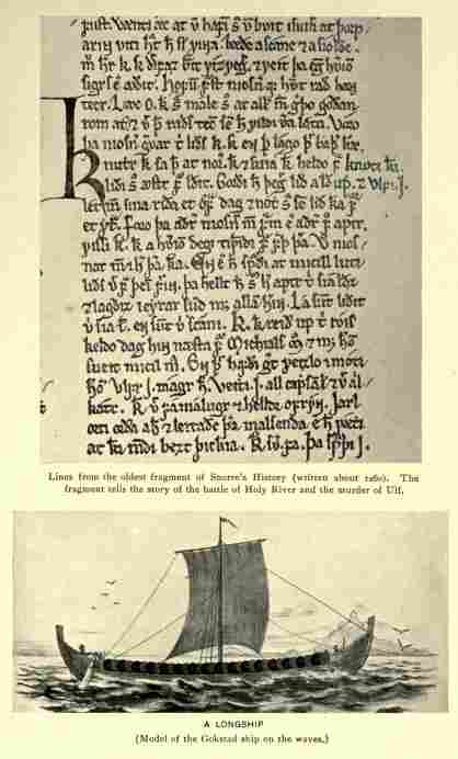 Lines from the oldest fragment of Snorre's History (written about 1260). The fragment tells the story of the battle of Holy River and the murder of Ulf.—A Longship Model of the Gokstad ship on the waves.