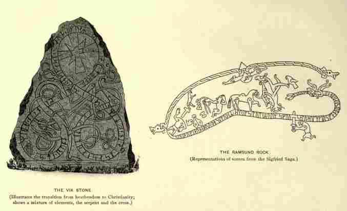 The Vik Stone (Illustrates the transition from heathendom to Christianity; shows a mixture of elements, the serpent and the cross.)—The Ramsund Rock (Representations of scenes from the Sigfried Saga.)