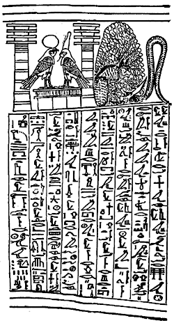 The soul of Rā (1) meeting the soul of Osiris (2) in Tattu. The cat (i.e., Rā) by the Persea tree (3) cutting off the head of the serpent which typified night.