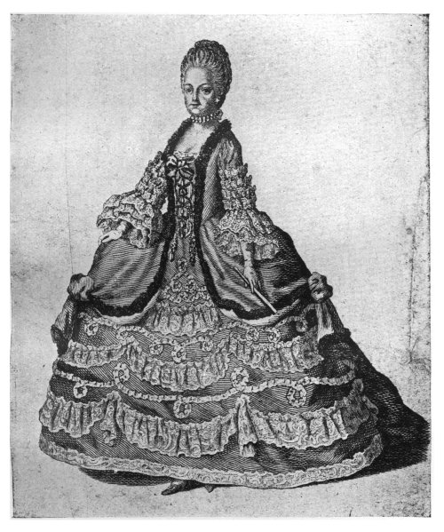 MARIE ANTOINETTE, QUEEN OF LOUIS XVI., SHOWING HOW MECHLIN LACE WAS USED. From an old fashion plate.