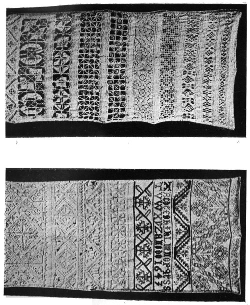 A SEVENTEENTH-CENTURY "SAMPLER" (ENGLISH), SHOWING CUT AND DRAWN WORK.