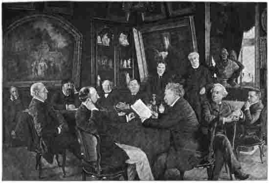 THE COMMITTEE ROOM OF THE COMÉDIE FRANÇAISE: ALEXANDRE DUMAS (THE YOUNGER) READING A PLAY. (From the painting of Laissement in the Comédie Française.)