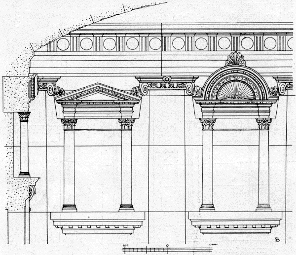 Bild 16. Aedicula und Conche mit besonders eingesetzten Steinen für die Verdachungen, aus den Substruktionen des grossen Tempels in Baalbeck.