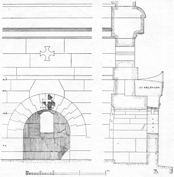 Bild 25. Die Nische in der Ostwand des Obergeschosses, Innenansicht und Schnitt.