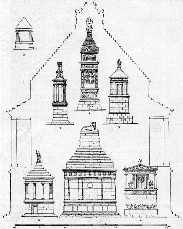 Bild 7. Vergleichende Zusammenstellung des Mausoleums zu Halikarnass mit anderen antiken Denkmälern in einheitlichem Masstabe, von J. Bühlmann (Zeitschrift f. Gesch. d. Arch. II S. 17).