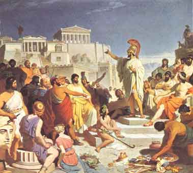 Perikles, von Kleon und seinem Anhang wegen der Bauten auf der Akropolis von Athen angegriffen