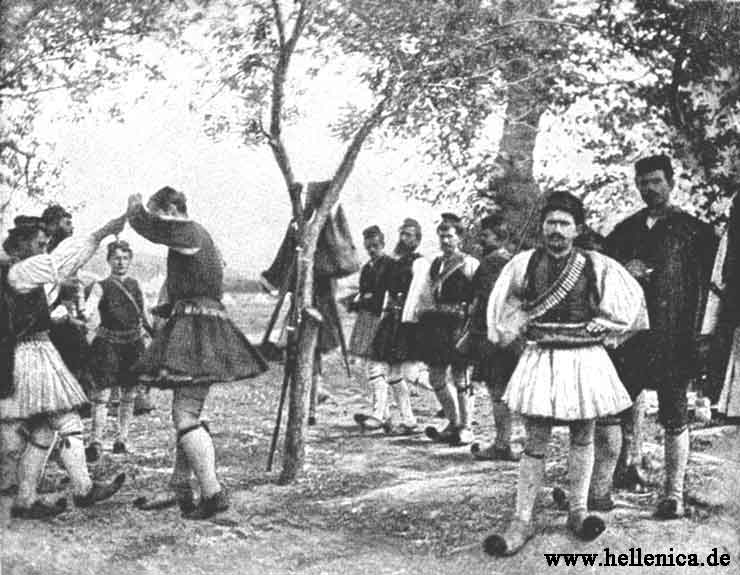 Evzones dancing in Arta, c. 1897