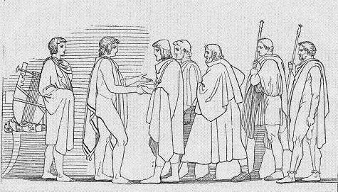 Οδυσσέας, Φοίνικας και Αίας παρακαλούν τον Αχιλλέα, ενώ ο Πάτροκλος κοιτά
