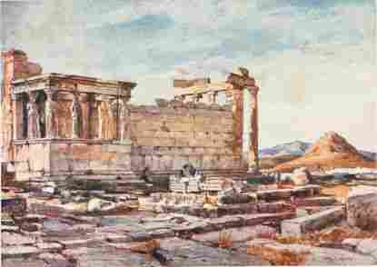 THE SOUTHERN SIDE OF THE ERECHTHEUM, WITH THE FOUNDATIONS OF THE EARLIER TEMPLE OF ATHENA POLIAS The Caryatid portico and south wall of the Erechtheum show very delicate opalescent colours, due chiefly to reflected light from the large slabs and drums of marble lying on the ground north of the Parthenon. The dark Caryatid is a terra-cotta substitute for the original, one of the greatest treasures of the British Museum. The sub-structures in the foreground are the foundations of the archaic Temple; to the right, in the background, Pentelikon, and, in front of it, Lycabettos brilliantly illuminated by the setting sun.