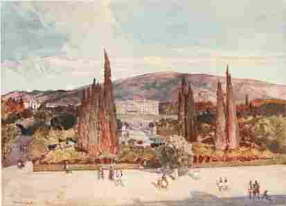 THE SQUARE IN FRONT OF THE KING’S PALACE AT ATHENS Mount Hymettos behind and the dust-laden cypress trees in front of the Palace, ruddy in the last rays of a June sunset.