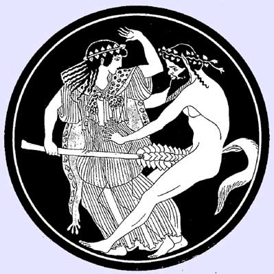 A Maenad uses the Thyrsus against a Satyr, Euphronios Painter