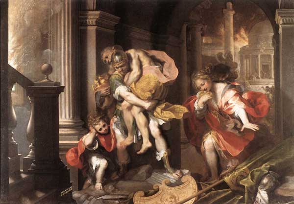 Aeneas mit seinen Vater Anchises auf seinen Schultern flieht aus Troja 