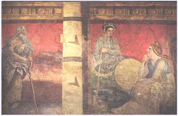 Antigonos II. Gonatas mit seiner Mutter Phila, links der Philosoph Menedemos
