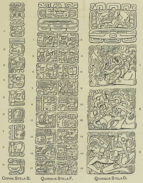Inscriptions from Copan stela B, Quirigua stela F, Quirigua stela D