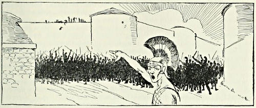 A soldier shouting; siege scene in background