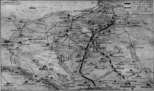 The War in the East (with Net Change of Battle Line Up to Jan, 1, 1915) from Eastern Prussia to Galicia.
