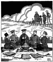 [German Cartoon] Smoking the Peace Pipe —From Der Brummer, Berlin. The Entente: "What a pity we are excluded!"