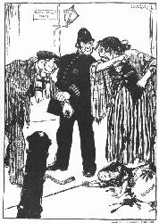 [English Cartoon] The Rescuer's Usual Fate! —From London Opinion. Policeman John Bull: "But I only came on the scene because he had started to knock you about!" Mrs. Russia: "Never mind about that. Go on, Bill, teach 'im to interfere—hit me again."