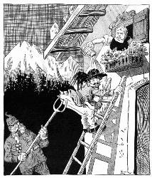 [German Cartoon] Italy's Troubles —From Der Brummer, Berlin. Italy: "Hang it all! I have been at this window for nearly three years!"