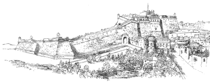 FORTRESS OF PAUL III. SHOWING THE UPPER PART NOW OCCUPIED BY THE PREFETTURA, ETC., AND THE LOWER WING WHICH COVERED THE SITE OF THE PRESENT PIAZZA D’ARMI (From a water-colour sketch now in the possession of Madame Brufani at Perugia.)