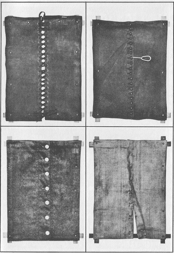 (A) LACING. (B) SHOE BUTTONING. (C) BUTTONING OF OTHER GARMENTS. (D) HOOKS AND EYES. Frames illustrating the different processes of dressing and undressing.