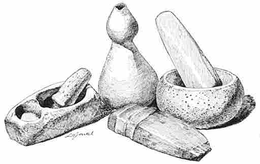 Objects Found in Mounds at Upper Piedras Verdes River. An Earthenware Vessel in Shape of a Gourd is Seen in the Middle. Length of the Double Grooved Axe, 16 cm.