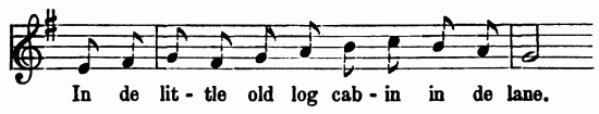 Musical notation; In de lit-tle old log cab-in in de lane.