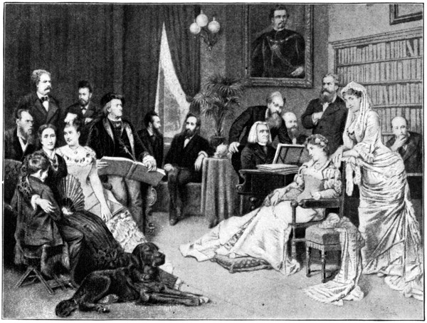A group of 16 people, including Franz Liszt at the piano and Richard Wagner, gathered in a room.