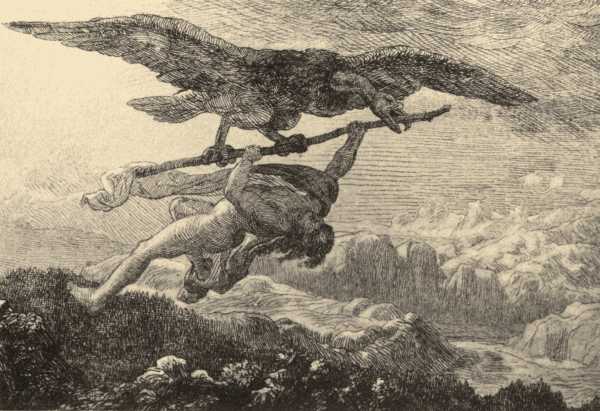 GIANT THJASSE, IN THE GUISE OF AN EAGLE, CARRIES OFF LOKE.