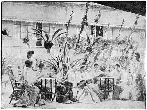 Thee-uurtje op de veranda in het Staats-pension voor onderwijzeressen in Manilla.