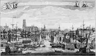 Gezicht op de Oudehaven en de stad in de 17de eeuw.